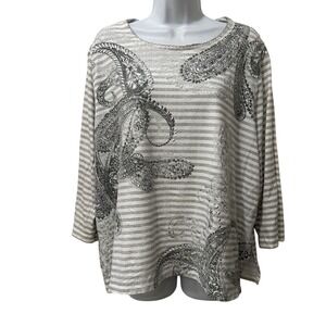 Alfred Dunner Women Plus Size 2X Striped Paisley Embellished 3/4 Sleeve Top